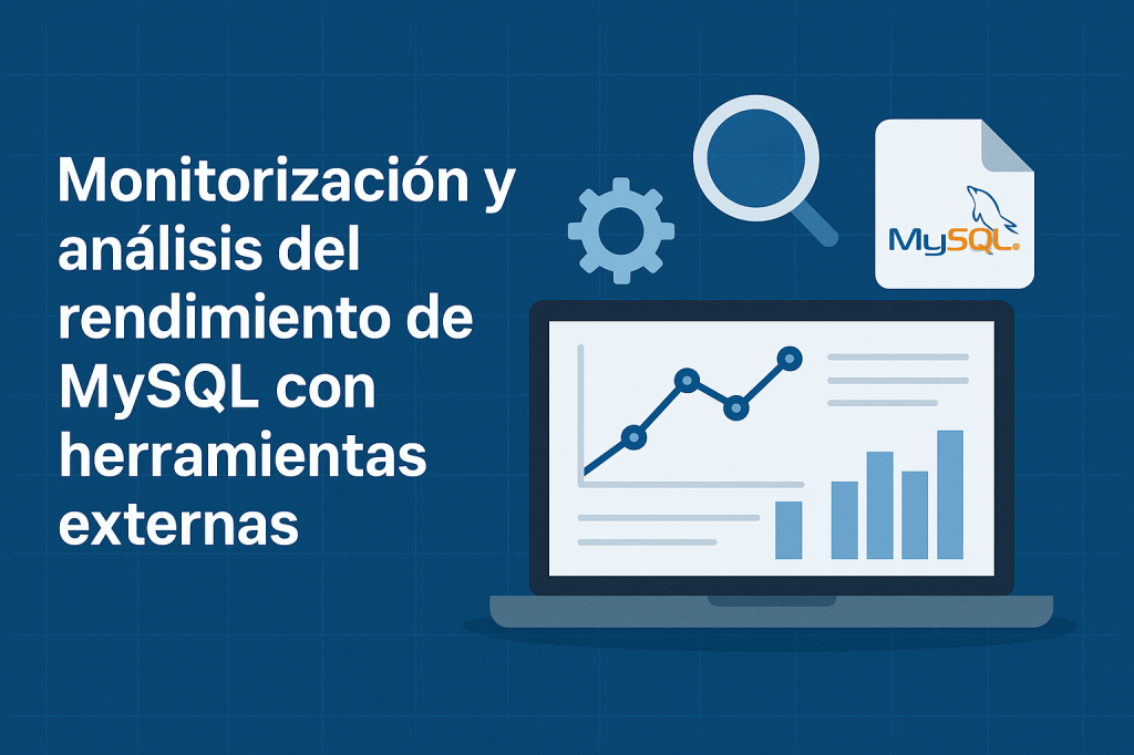 Ilustración sobre la monitorización y análisis del rendimiento de bases de datos MySQL, con gráficos de rendimiento y herramientas visuales.